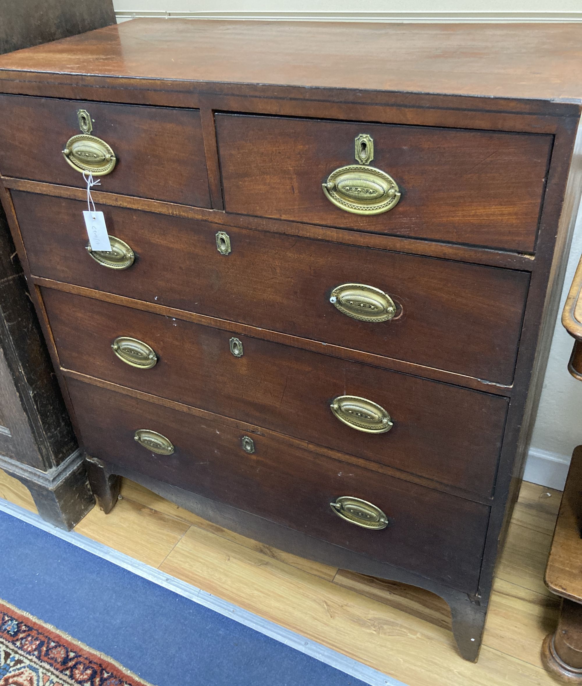 A Regency mahogany and pine straight front chest of drawers, width 92cm, depth 46cm, height 104cm
